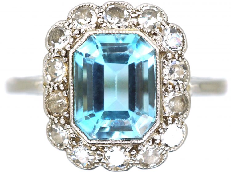 Art Deco 18ct White Gold & Platinum, Aquamarine & Diamond Rectangular Cluster Ring