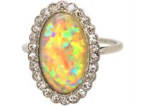 Art Deco Diamond & Large Harlequin Opal Oval Shaped Ring