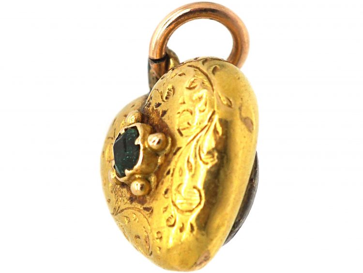 Georgian 15ct Gold Small Heart pendant set with an Emerald with Glazed Locket on the Reverse
