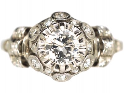 18ct White Gold Diamond Cluster Ring with Diamond Set Bands on the Shoulders