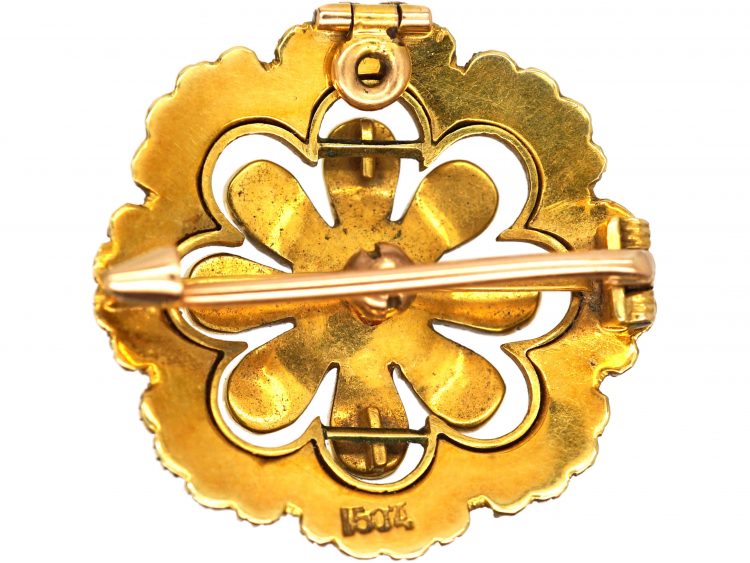 Edwardian 15ct Gold, Green Enamel & Natural Split Pearls Flower Pendant & Brooch
