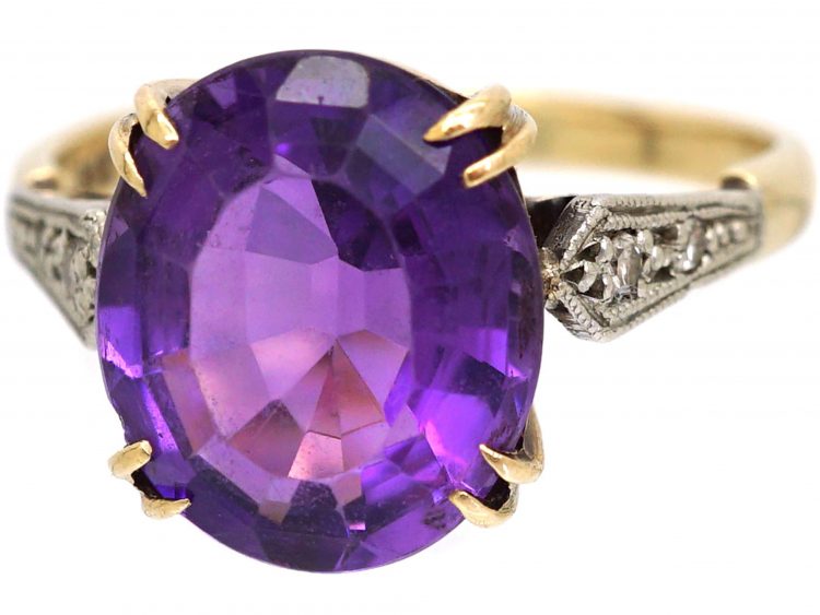 Art Deco 9ct Gold & Platinum, Amethyst & Diamond Ring