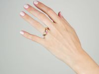 Edwardian 18ct Gold, Pink Sapphire & Diamond Three Stone Rub Over Ring