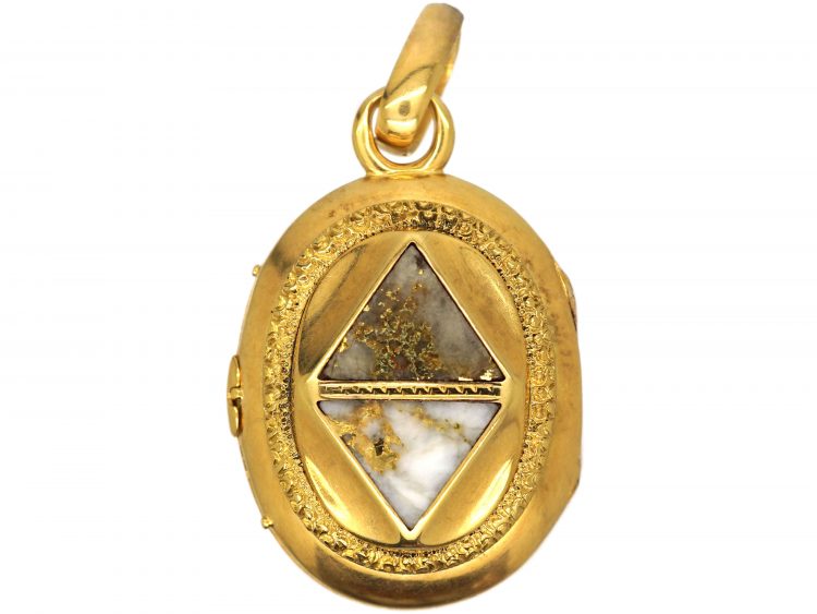 American 19th Century Gold Rush 18ct Gold Oval Locket set with Gold in Quartz