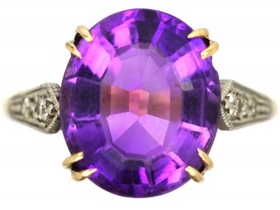 Art Deco 9ct Gold & Platinum, Amethyst & Diamond Ring