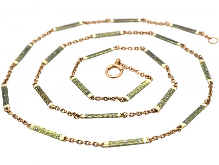 Edwardian 15ct Gold, Pale Sage Green & White Enamel Chain