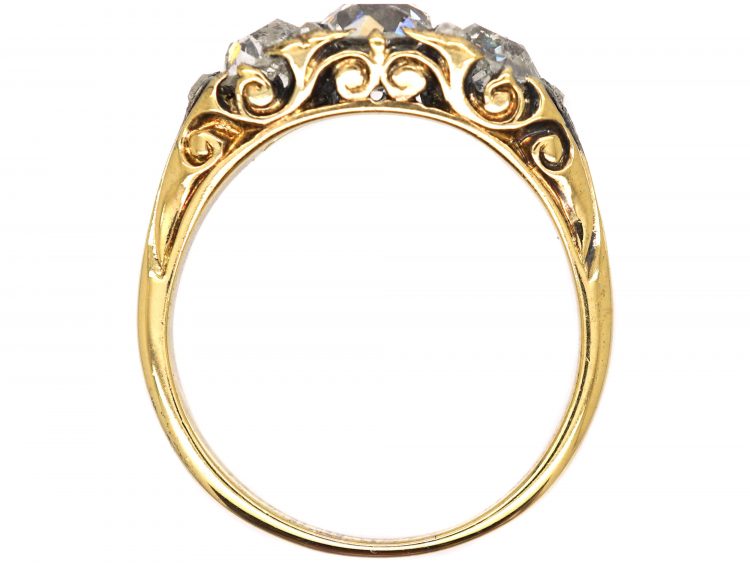 Victorian 18ct Gold, Three Stone Diamond Carved Half Hoop Ring