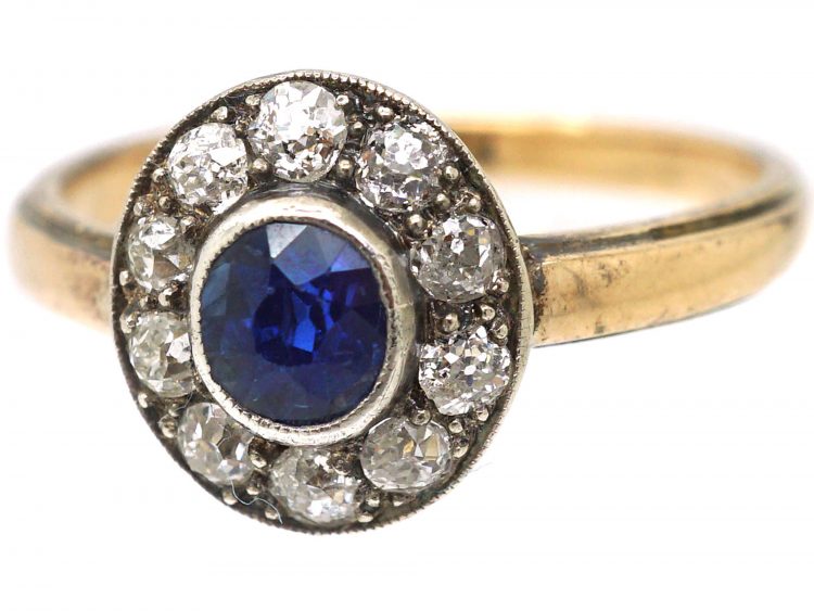 Art Deco 15ct Yellow & White Gold, Sapphire & Diamond Cluster Ring