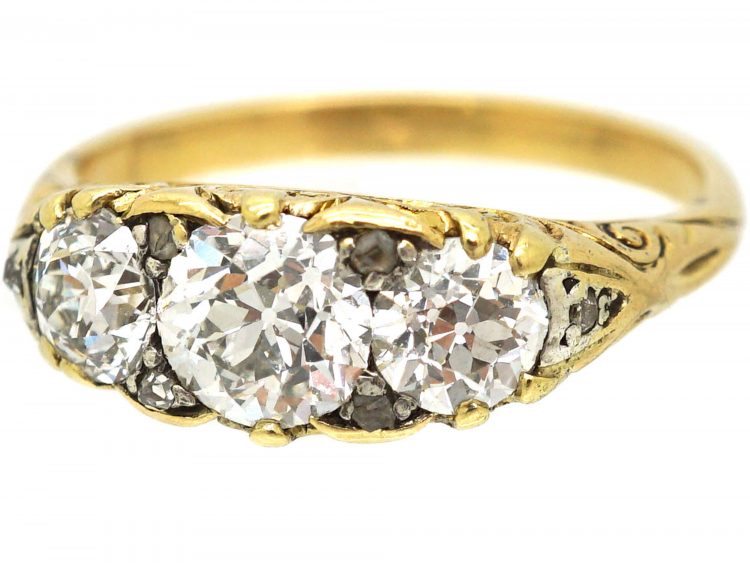 Victorian 18ct Gold, Three Stone Diamond Carved Half Hoop Ring
