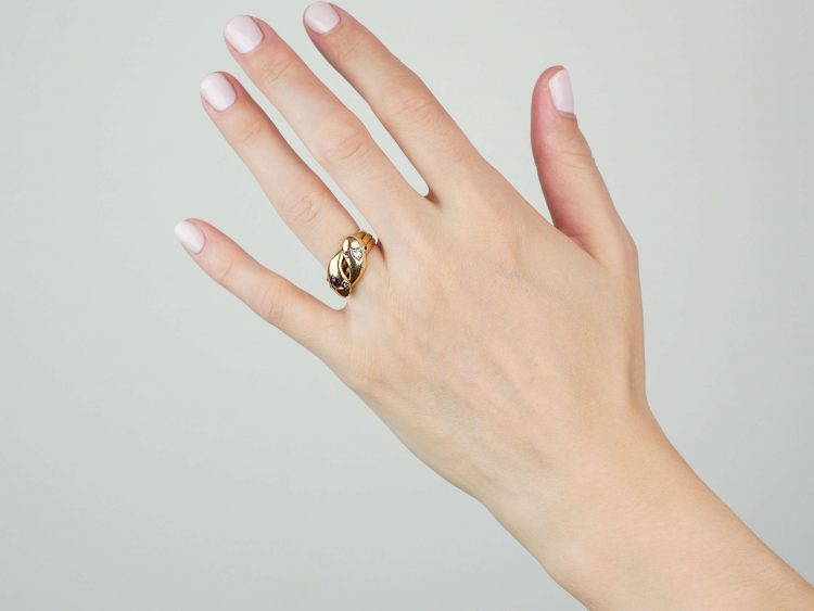 Edwardian 18ct Gold Double Snake Ring set a Ruby & a Diamond