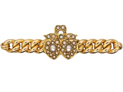 Edwardian 15ct Gold Brooch with Double Heart Motif set with Natural Split Pearls