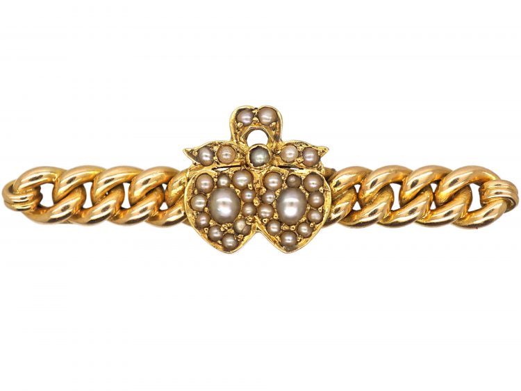 Edwardian 15ct Gold Brooch with Double Heart Motif set with Natural Split Pearls