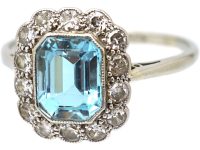 Art Deco 18ct White Gold & Platinum, Aquamarine & Diamond Rectangular Cluster Ring