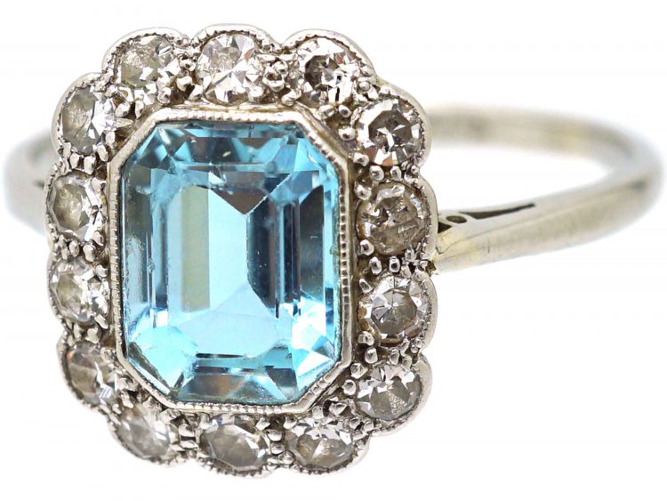 Art Deco 18ct White Gold & Platinum, Aquamarine & Diamond Rectangular Cluster Ring