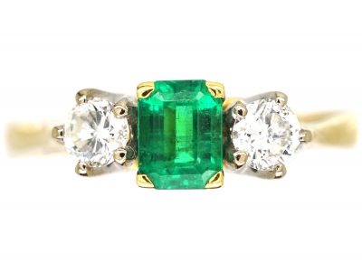 18ct Gold, Emerald & Diamond Three Stone Ring