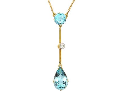 Art Deco 15ct Gold, Aquamarine & Diamond Pendant on Chain