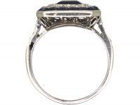 French Art Deco Platinum, Sapphire & Diamond Rectangular Ring with Diamond Set Shoulders
