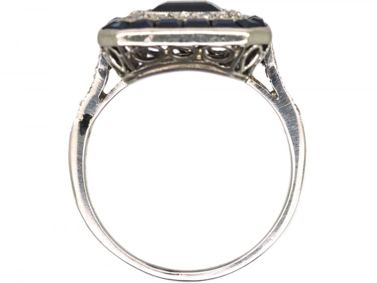 French Art Deco Platinum, Sapphire & Diamond Rectangular Ring with Diamond Set Shoulders