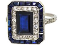 French Art Deco Platinum, Sapphire & Diamond Rectangular Ring with Diamond Set Shoulders