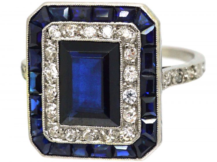 French Art Deco Platinum, Sapphire & Diamond Rectangular Ring with Diamond Set Shoulders