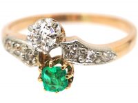 Edwardian 14ct Gold & Platinum, Emerald & Diamond Crossover Ring