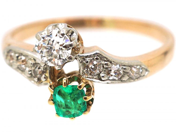 Edwardian 14ct Gold & Platinum, Emerald & Diamond Crossover Ring