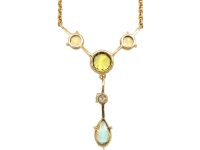 Art Deco 18ct Gold Aquamarine, Peridot, Diamond & Topaz Necklace