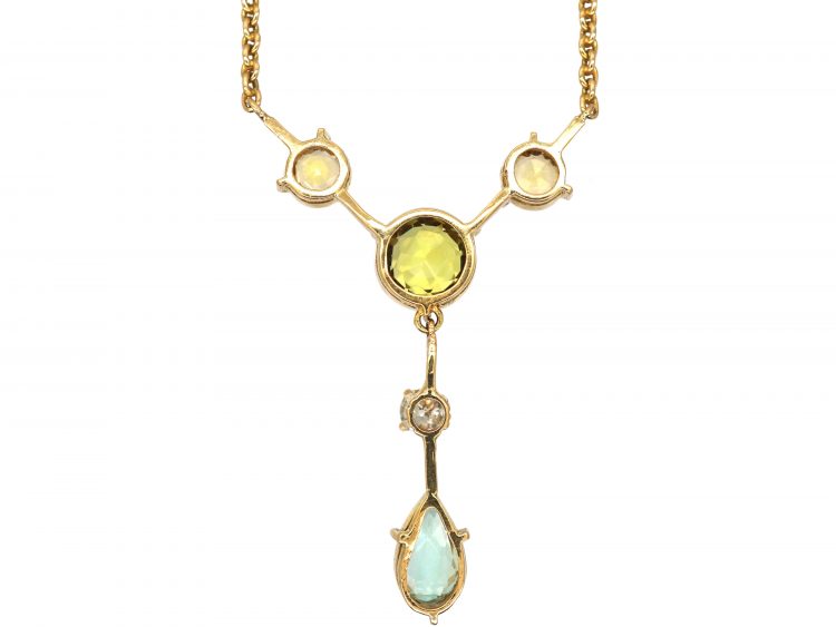 Art Deco 18ct Gold Aquamarine, Peridot, Diamond & Topaz Necklace