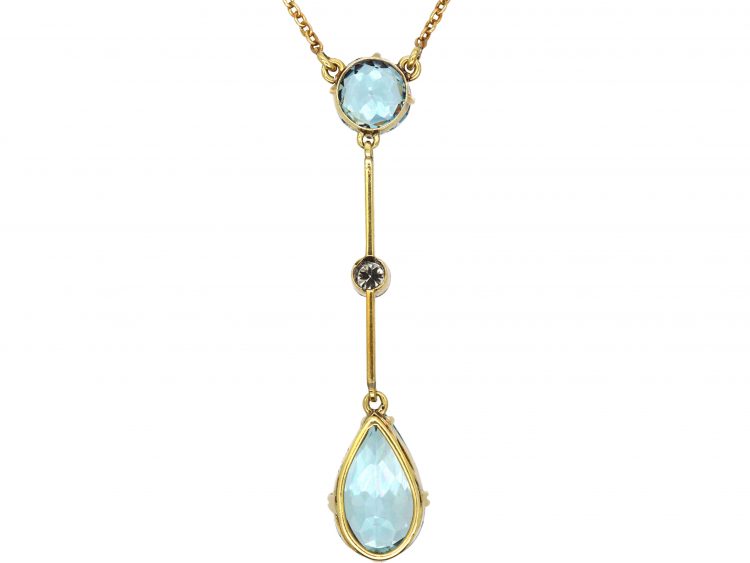 Art Deco 15ct Gold, Aquamarine & Diamond Pendant on Chain