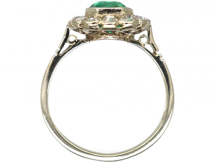 Art Deco 14ct White Gold, Emerald & Diamond Cluster Ring