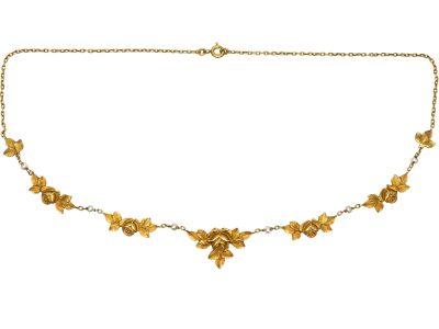 French 18ct Gold, Art Nouveau Necklace with Roses & Natural Pearls Motif