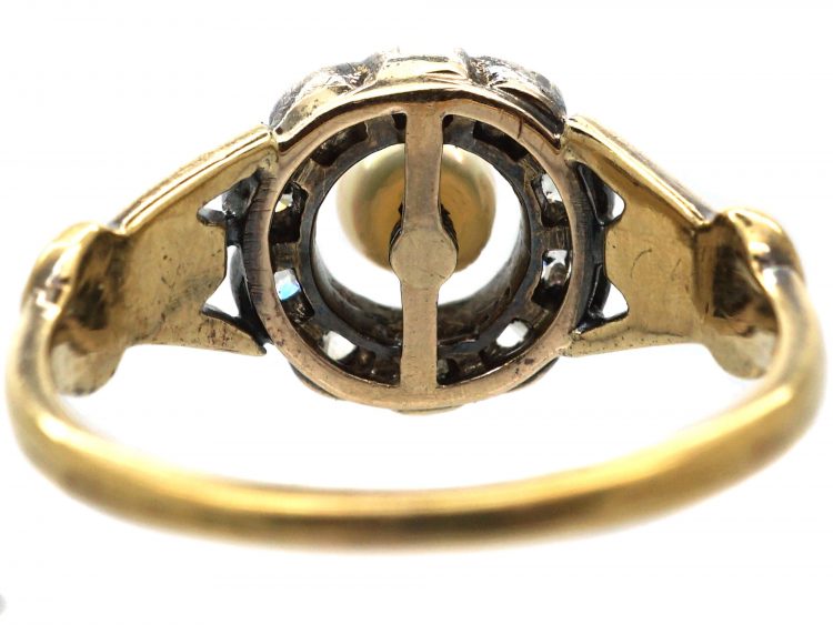 Edwardian 18ct Gold, Natural Pearl & Diamond Cluster Ring