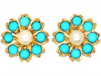 Edwardian 15ct Gold, Turquoise & Natural Split Pearl Forget me Not Earrings