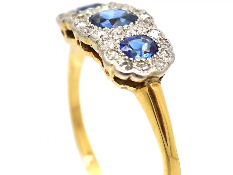 Edwardian 18ct Gold & Platinum, Triple Cluster Ring set with Sapphires & Diamonds