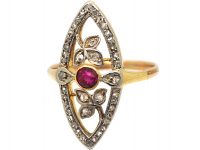 Art Nouveau 18ct Gold & Platinum, Rose Diamond & Ruby Marquise Ring