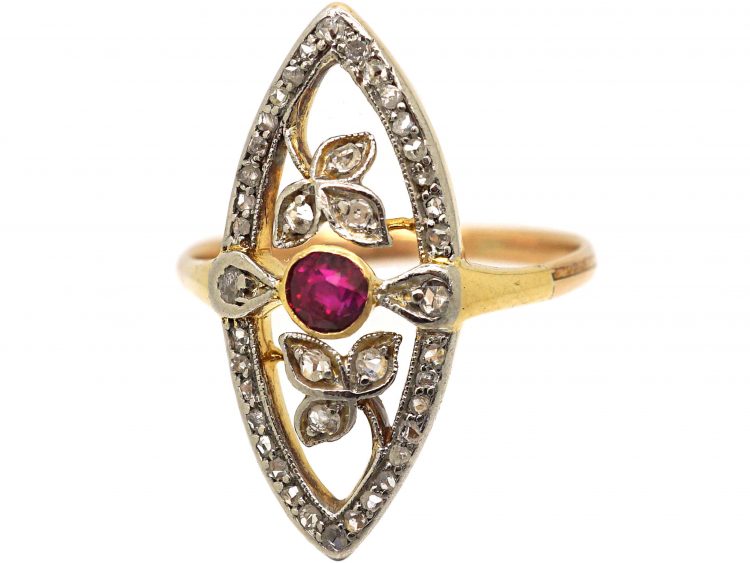 Art Nouveau 18ct Gold & Platinum, Rose Diamond & Ruby Marquise Ring