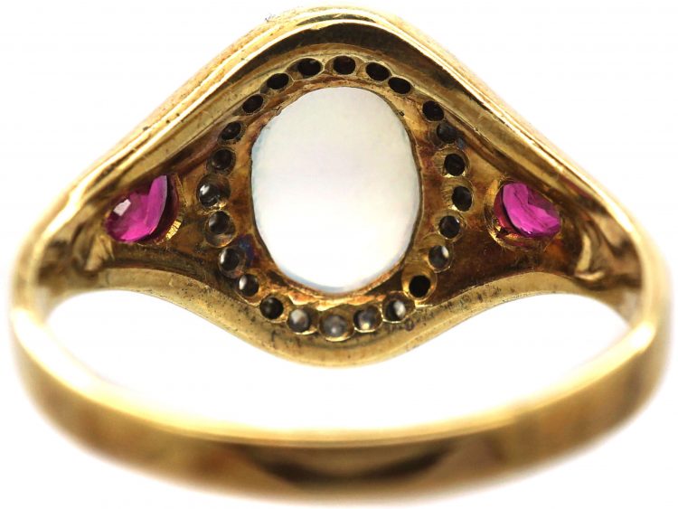 Art Deco 18ct Gold, Moonstone, Diamond & Ruby Ring