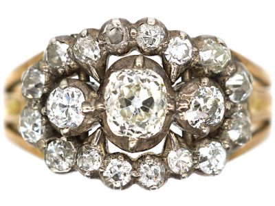 Georgian 15ct Gold Old Mine Cut Triple Diamond Cluster Ring