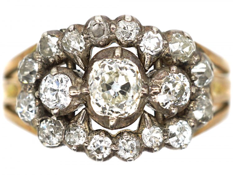 Georgian 15ct Gold Old Mine Cut Triple Diamond Cluster Ring