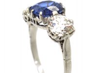 Art Deco Platinum, Large Sapphire & Diamond Three Stone Ring