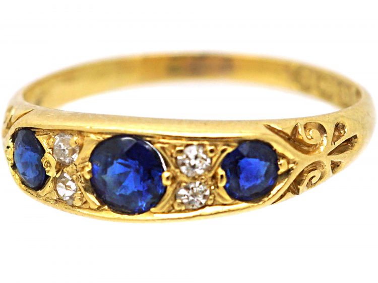 Edwardian 18ct Gold, Three Stone Sapphire & Diamond Ring