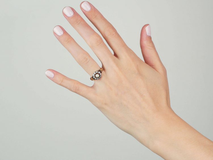 Edwardian 18ct Gold, Natural Pearl & Diamond Cluster Ring
