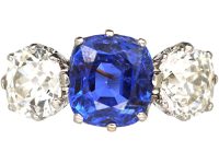 Art Deco Platinum, Large Sapphire & Diamond Three Stone Ring