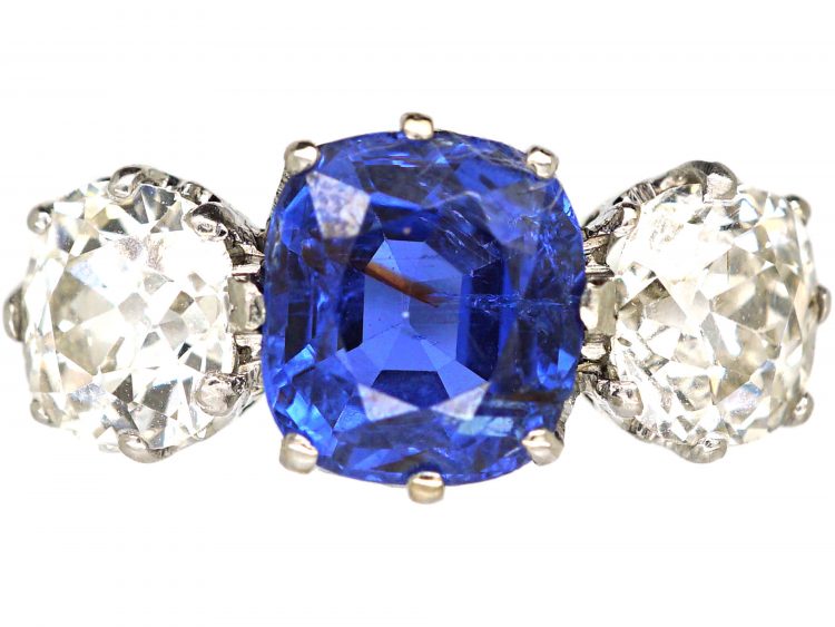 Art Deco Platinum, Large Sapphire & Diamond Three Stone Ring