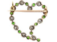 Edwardian 15ct Gold, Green Garnet & Diamond Witches Heart Brooch in Original Case