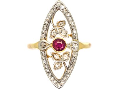 Art Nouveau 18ct Gold & Platinum, Rose Diamond & Ruby Marquise Ring