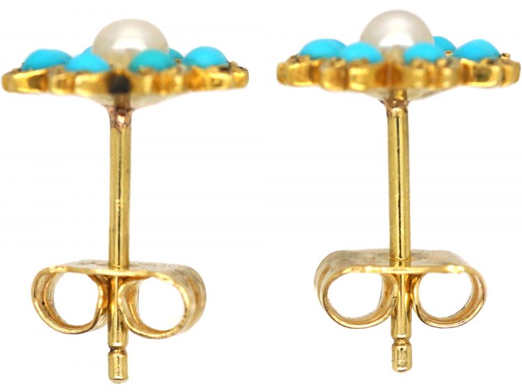 Edwardian 15ct Gold, Turquoise & Natural Split Pearl Forget me Not Earrings
