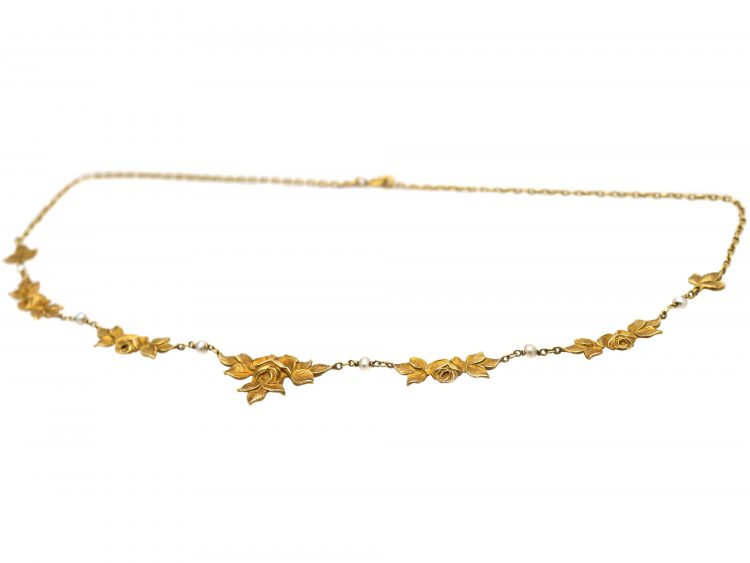French 18ct Gold, Art Nouveau Necklace with Roses & Natural Pearls Motif