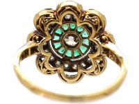Art Deco 18ct Gold and Platinum, Emerald and Diamond Target Ring with Scalloped Surround