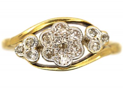 Edwardian 18ct Gold & Platinum, Cluster Diamond Ring with Diamond Set Trefoil Detail